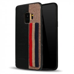 Galaxy S9 Striped Hand Strap Grip Holder PU Leather Case (Black)